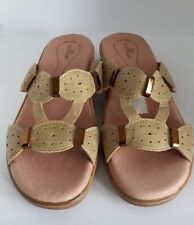 Fly Flot Low Wedge Leather Mules Beige Ladies UK 7 EU 40 Excellent Holiday VGC 