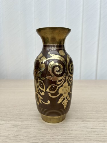 Vintage brass vase etched - vintage,