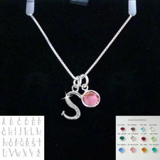 Sterling Silver Letter / Initial Necklace with Birthstone. Gift for Women, Girls