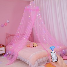 Bed Canopy for Girls Mosquito Net Kids Bed Curtains with LED Lights and Remote