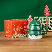Christmas Santa Tree Coffee Mug with Lid & Spoon Lovely Ceramic Tea Cups Gift