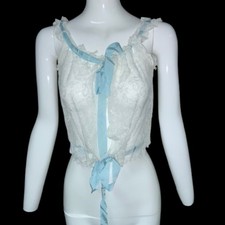 Edwardian Vtg Corset Cover Camisole Blouse Lace Pale Blue Silk Taffeta UK 8