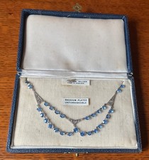 Stunning Boxed Art Deco Silver & Light Sapphire Blue Paste Necklace