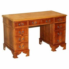 VINTAGE WALNUT TWIN PEDESTAL PARTNER DESK TAN BROWN LEATHER TOP PANELLED BACK