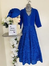 Mother Of Bride Veromia Size 14 Cobalt Blue Tea Length Dress & Fascinator BNWT