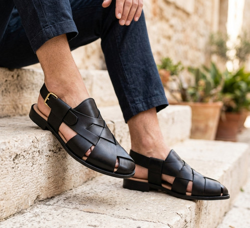 Men black leather fisherman - leather,