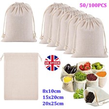 Calico Drawstring Storage Sack Bags Natural Cotton Linen Tote Food Gift Bag UK