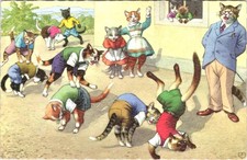 MAINZER Dressed Cats #4878 SCHOOL LEAPFROG GAME Anthropomorphic BELGIUM Postcard
