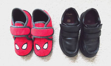 BOYS "CLARKS" SCHOOL SHOES, SIZE 10.5F BLACK LEATHER + "NEXT" SPIDERMAN SLIPPERS