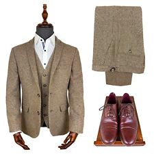 Tweed Suit Wedding 3 Piece Beige Donegal Jacket Trouser Waistcoat FREE SHOES