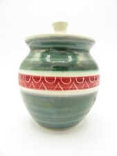 JO IOW Handmade Pottery on the Isle of Wight- Green & Red Condiment Jar 3.5"H