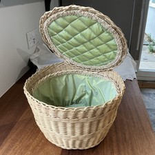Vintage Sewing Basket Cane Round With Lid 10.5” wide