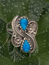 Vintage 925 Silver Persian Ring With Sunflowers Pattern And Turquoise Size O1/2
