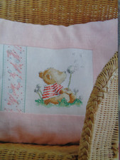 Cute teddy bear blowing a dandelion clock cushion cover cross stitch chart