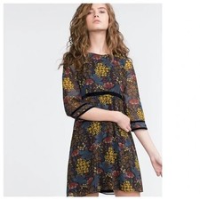 Zara Navy Floral Dress Floaty Sz M Keyhole Back Velvet Trim Autumn Colours Party