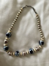Vintage necklace Hand painted pretty ceramic beads Wedgwood Blue & cream 
