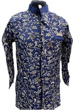 Kids BOYS Eid party weeding Indian sherwani suit Jacket trouser Blue- Raw Silk