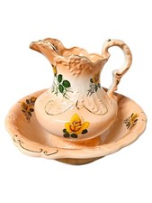 Antique 50s 60s Ironstone ENGLAND Signed Large Floral Water Pitcher & Wash Basin