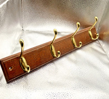 Oak Wall Mounted Antique Brass Coat Hooks Rack 4 hook