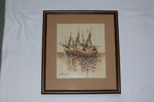 FRAMED OIL PALETTE KNIFE PAINTING, FISHING BOATS, SIGNED BY THE ARTIST
