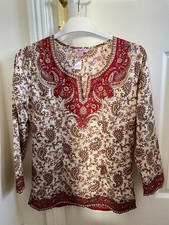 MONSOON Silk Blend Long Sleeve Ethnic Boho Kaftan Cream & Red Top in Size Uk 8
