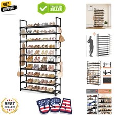 Tall Shoe Rack 10 Tier Shoe Organizer Large Shoe Shelf with 18 Hooks Storage ...