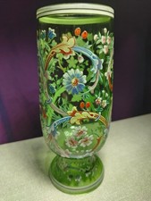 Moser Harrach Bohemian hand-painted enamelled green floral glass vase