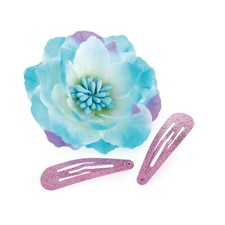 Three piece blue and lilac tone glitter effect snap clip and flower clip set