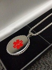 Large Medical Alert SOS Talisman Oval Silver Steel Necklace Engraved Info, XMAS