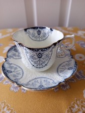 Antique Aynsley Teacup & Saucer, Light Blue White Embossed Scalloped Shape / Qua