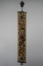 Antique Embroidered Bell Pull Wall Hanging | Long Brass and Tapestry