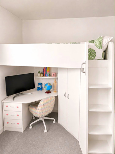 White bunk bed with built - with, built-in