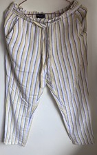 N156.PRIMARK Size 12 Yellow/White/Navy Striped Elastic Waist Part Linen Trousers