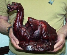 Vintage Large & Heavy Red Resin Mythical Dragon Sculpture, signed Paul '88