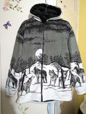 Vintage Wildlife wolf Fleece Jacket All Over Print USA 90s Grey White Large
