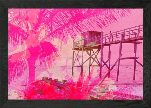 Pink tropical beach hut framed - tropical,
