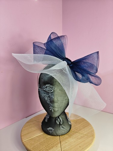 White navy blue fascinator - white,