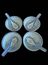 Jingdezhen Vintage Chinese Soup Bowls with Spoons x4 .Blue &White Rice Grain.