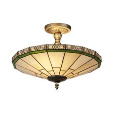 Antique Brass Finish Semi Flush Ceiling 2 Bulb Lights with Tiffany Glass Shade
