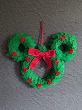 Disney Parks Mickey Icon Felt Holiday Christmas Wreath With Red Ribbon.