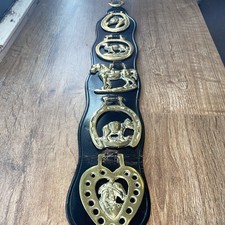 5X Vintage Horse Brass Medallions On Black Leather Strap Bridle Saddle Harness