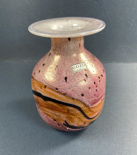 Maltese Gozo Art Glass Vase Orange & Pink Swirl - 5" Tall