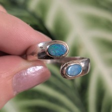 Vintage Silver Synthetic Opal Bypass Ring, Adjustable Open Band, Modernist State