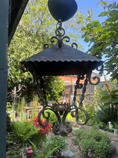 Antique Victorian Wrought Iron & Brass Hanging Porch Garden Lantern Light Lamp