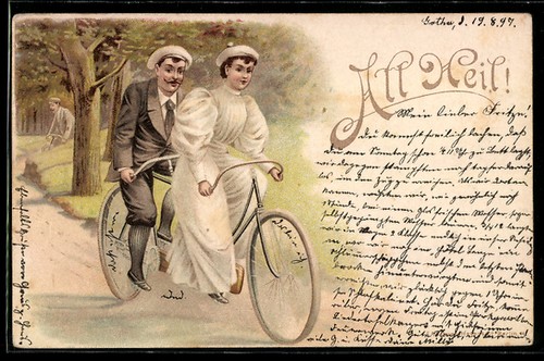 Lithograph couple riding - lithograph,