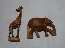 Besmo Kenya Hand Carved Wood Elephant Plus Giraffe Ornaments Great Condition