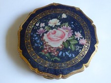 Vintage stratton Ladies Powder compact Dark Blue With Pink Roses
