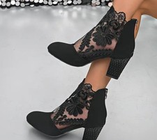 Beautuful BLACK sophisticated Mesh/Lacey Ankle boots with back zip UK 6 New 