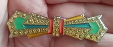 Vintage Pierre Bex, Green, Red, Blue Enamel, Gold Swirls Art Deco Bar Brooch Pin
