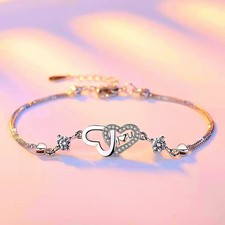 925 Sterling Silver Crystal Double Love Heart Charm Bracelet Women Jewellery UK
